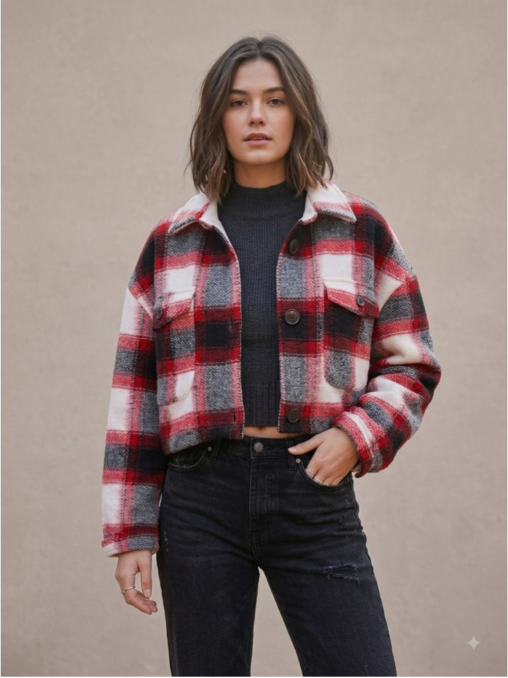 Lovers + Friends Red Plaid Cropped Shacket Jacket Revolve Size S Oversized